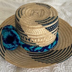 Blue tan straw vacation summer hat with Pom Pom tassel